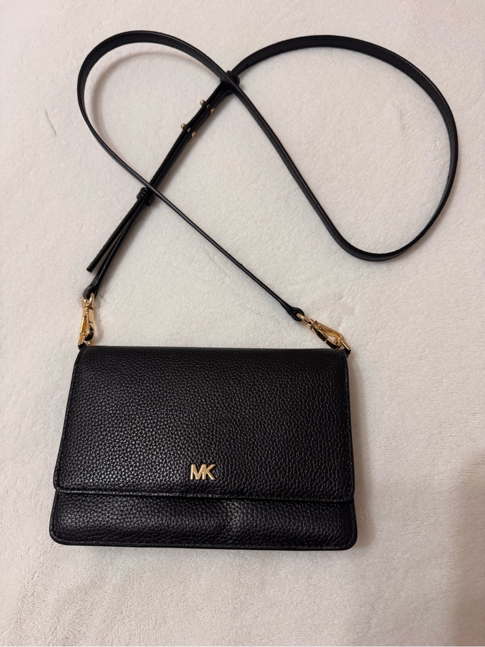 Michael Kors Black Pebbled Leather MK Crossbody with Gold Hardware